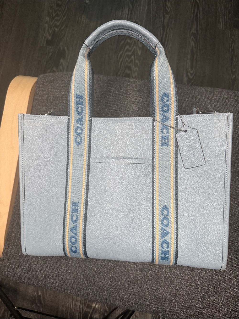 Coach Light Blue Pebbled Leather Tote with Branded Web Straps